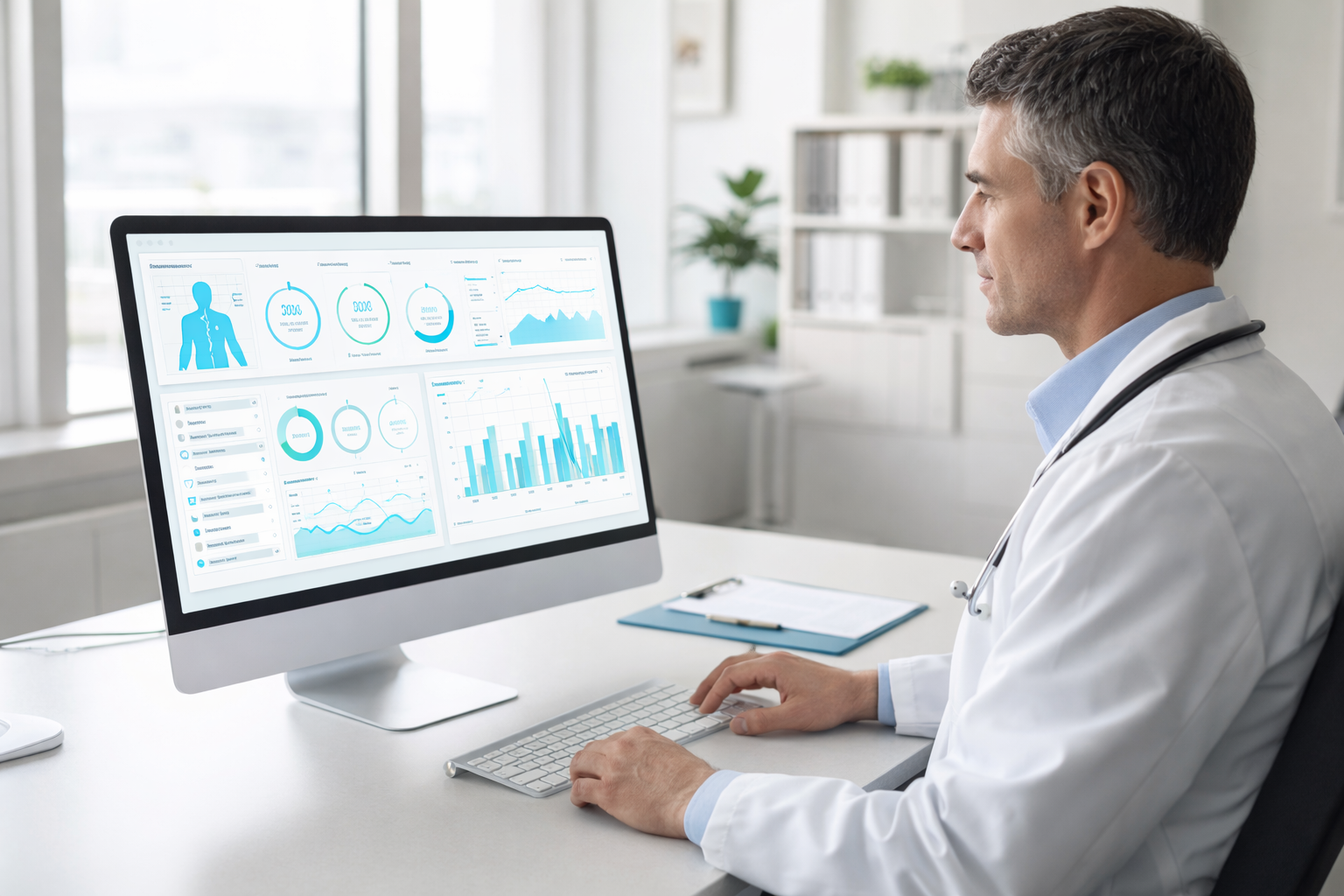 Physician reviewing a clinical intelligence dashboard